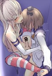 2boys anal bathroom blonde_hair blush brown_hair censored elbow_gloves femboy foot_grab gay gloves hairband ishikkoro kantai_collection legs_up long_hair male multiple_boys navel open_mouth penis personification rule_63 sailor_dress sex shimakaze_(kantai_collection) short_hair smile spread_legs striped striped_legwear thighhighs topless trembling underwear white_gloves yaoi yukikaze_(kantai_collection)