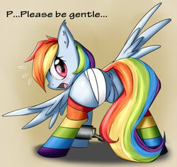 anus aryanne ass bandage blue_fur blush chains clitoris ear_fluff equine feathers female friendship_is_magic fur hair hooves horse looking_at_viewer looking_back mammal multicolored_hair my_little_pony open_mouth pegasus plain_background pony presenting pussy rainbow_dash_(mlp) raised_tail red_eyes socks straight_hair text wings