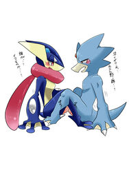 ! 2014 achi amphibian anthro avian bald barefoot beak blush claws duck erection frog golduck greninja half-closed_eyes japanese japanese_text looking_down male male_only multiple_males ninja nintendo nude open_mouth pecs penis pokemon pokemon_(species) sharp_claws sitting sweat text toe_claws tongue tongue_out translation_request video_games webbed_feet webbed_hands yaoi