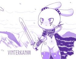 2020 anthro armor bandage bandage_on_face bottomless bottomless_anthro bottomless_female cloak clothed clothing detailed_background digital_drawing_(artwork) digital_media_(artwork) disfigure female front_view genitals holding_melee_weapon holding_object holding_sword holding_weapon kylma lagomorph leggings legwear leporid makeup mammal mascara melee_weapon monochrome mountain navel portrait pupils purple_and_white rabbit running_makeup running_mascara shaded solo spiked_armor spikes standing sword text three-quarter_portrait torn_clothing torn_leggings torn_legwear unconvincing_armor unusual_pupils vambrace vulva weapon