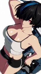 _yumidreams ai_generated belly belly_button blue_streak camisole cleavage dolphin_shorts guilty_gear guilty_gear_strive huge_weapon large_breasts lips looking_at_viewer medium_breasts midriff multicolored_hair red_eyes short_hair spaghetti_strap unika_(guilty_gear)