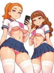 ai_generated covered_nipples crop_top holding_phone looking_at_viewer mayihavesomeslops midriff miniskirt morticia_smith navel rick_and_morty school_uniform schoolgirl serafuku stockings summer_smith underboob upskirt