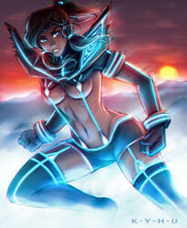 1girls artist_name avatar_legends blue_eyes clothing cosplay crossover dark-skinned_female dark_skin female female_only garter_straps gloves hourglass_figure human k-y-h-u kill_la_kill korra matoi_ryuuko matoi_ryuuko_(cosplay) medium_breasts midriff navel ponytail raava senketsu solo spirit_(avatar) suspenders the_avatar the_legend_of_korra thighhighs tied_hair underboob water_tribe