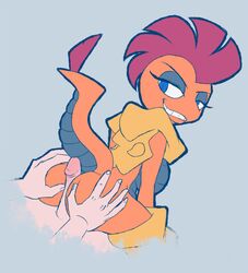 anthro ass ass_grab blue_eyes breasts buttjob female human interspecies looking_back male mammal nintendo pokemon pokephilia scrafty sideboob teckworks video_games