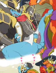 2014 anal anal_sex anthro armor balls blonde_hair blush bottomless buddyfight claws closed_eyes clothing cum cum_in_ass cum_inside cumshot daydream dragon drum_(buddyfight) erection eyewear faceless_male furry furry_only gay hair hands-free hat heart horn kinous_axia male monocle orgasm penetration penis pubes reptile saliva scalie sex spread_legs spreading teeth tongue zerofox1000