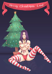 1girls blue_eyes breasts christmas christmas_tree cuti-chan female hel_(smite) nipples notcuti panties purple_hair red_panties smite thighhighs topless