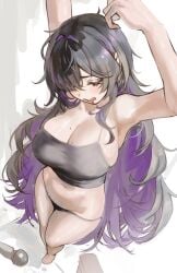 barefoot black_hair black_panties black_tank_top breasts cleavage commentary dildo drooling feet female goddess_of_victory:_nikke huge_breasts label_(nikke) long_hair messy_hair midriff mole mole_on_breast mouth_drool naokomama navel panties purple_hair sex_toy solo stretching tank_top underwear very_long_hair