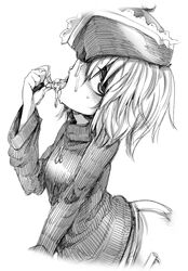 alternate_costume blush cum facial female greyscale harusame hat lunasa_prismriver monochrome sweater tongue tongue_out touhou