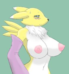 anthro big_breasts black_nose breasts canine chest_tuft digimon female fox fur green_background huge_breasts looking_at_viewer lord_friez mammal nipples plain_background puffy_nipples renamon solo sssonic2 tuft white_fur yellow_fur