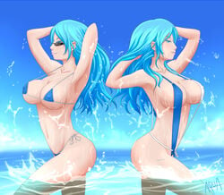 aqua_eyes aqua_hair aquawaters armpits arms_up bikini breasts cleavage covered_nipples dual_persona long_hair lufia lufia_2 micro_bikini multiple_girls navel outdoors partially_submerged selan sling_bikini smile standing sunglasses water