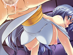 all_fours blue_hair blush bracelet breasts censored choker female from_behind from_below green_eyes hanging_breasts large_breasts leg_lift long_hair looking_back madou_monogatari mekabu nipple_slip nipples penis pussy puyo_puyo rulue saketobahan sex surprised vaginal_penetration wavy_hair