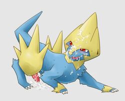 1boy after_sex all_fours blush cum komeko-nk looking_away male male_only manectric messy nintendo penis plain_background pokemon solo tongue tongue_out video_games white_background