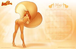 2014 anthro ass big_ass big_breasts big_tail breasts calendar_(medium) female fluffy_tail fur furry hair hi_res hindpaw long_hair mammal nude orange_fur paws pussy red_hair rodent smile solo squirrel standing thighs zaftigbunnypress