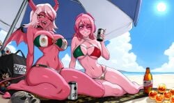 2girls alternate_version_available bacardi balls beach beer big_breasts bikini bikini_bottom bikini_top bimbo black_lips black_lipstick bottomwear breasts crossover demon demon_girl demon_horns demon_tail demon_wings dr._simi dragon_ball dragon_ball_(object) dragon_balls drink eyewear female female_only hair heart-shaped_pupils helluva_boss hips holding_drink holding_object horns independence_day_(mexico) lips lipstick long_hair male mexican_flag_bikini miss_heed_(villainous) one_eye_closed oxxo perla_negra pink_body pink_eyes pink_hair pink_skin plushie side-tie_bikini son_goku sunglasses swimwear tail tecate thick_thighs thighs tongue tongue_out topwear verosika_mayday_(helluva_boss) villainous wings wink winking yellow_sclera zantyarz
