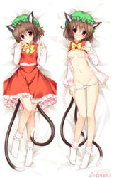 animal_ears blush bow breasts breasts_out brown_hair cat_ears cat_tail chen dakimakura dodojune female frilled_skirt frills hat jewelry lying multiple_tails nipples on_back open_clothes open_shirt panties panty_pull pussy red_eyes short_hair single_earring skirt skirt_set small_breasts smile socks solo tail touhou uncensored underwear white_panties