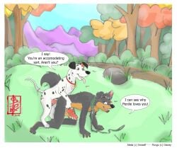 101_dalmatians akela_vincent anal animal_genitalia animal_penis anthro anthro_on_feral balls bodily_fluids border canid canine canine_genitalia canine_penis canis collar cum dalmatian dialogue disney doggy_style domestic_dog duo english_text eyewear fennec_(artist) feral feral_on_top from_behind_position genital_fluids genitals german_shepherd glasses herding_dog leash male male/male mammal mounting pastoral_dog penis pongo precum sex speech_bubble text white_border wolf zoophilia