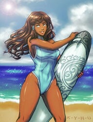 1girls avatar_legends beach blue_eyes brown_hair dark-skinned_female dark_skin female female_only human k-y-h-u korra long_hair medium_breasts one-piece_swimsuit smile solo standing surfboard swimsuit the_avatar the_legend_of_korra water_tribe