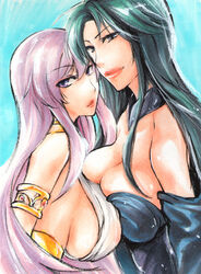 2girls athena_(saint_seiya) black_hair breasts cleavage dress goddess goth human lipstick long_hair multiple_girls pale-skinned_female pale_skin pandora_(saint_seiya) purple_hair sabano saint_seiya saint_seiya:_the_lost_canvas sasha_(saint_seiya) specters villainess