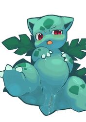 ambiguous_fluids animal_genitalia cloaca female feral ivysaur looking_at_viewer nintendo noriburu open_mouth pokémon_(species) pokemon pokemon_(species) pokemon_rgby presenting presenting_cloaca red_eyes semi-anthro simple_background solo spread_legs spreading video_games white_background