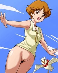 bird bottomless brown_eyes brown_hair female isu mabel_west pubic_hair short_hair