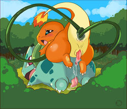 2014 anal anal_insertion anal_sex anus blush bulbasaur charmander cum cum_in_ass cum_inside cum_on_penis duo erection feral feral_on_feral fire furry furry_only gay harumi insertion male nintendo open_mouth orange_body outside penetration penis pokémon_(species) pokemon pokemon_rgby sex tapering_penis tongue tree video_games