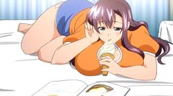 amaya_haruko blue_eyes breast_rest breasts brown_hair female huge_breasts ice_cream maken-ki! plump screencap