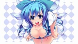 alternate_hair_length alternate_hairstyle angry aqua_eyes bent_over blue_hair blue_panties bow breasts checkered cirno cleavage curvy down_blouse dragonmaterial female frown hairbow highres hips large_breasts leaning_forward long_hair older open_clothes open_mouth open_shirt panties panty_pull shirt simple_background solo standing striped striped_panties teeth thigh_gap thighs touhou underwear undressing wallpaper wide_hips wings