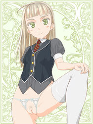 blonde_hair blush crotchless_panties female green_eyes highres long_hair looking_at_viewer original panties pubic_hair pussy smile solo takafumi thighhighs uncensored underwear