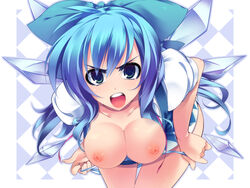 alternate_hair_length alternate_hairstyle angry aqua_eyes bent_over blue_hair blue_panties bow breasts checkered cirno cleavage curvy down_blouse dragonmaterial erect_nipples female frown hairbow highres hips large_breasts leaning_forward long_hair older open_clothes open_mouth open_shirt panties panty_pull shirt simple_background solo standing striped striped_panties teeth thigh_gap thighs touhou underwear undressing wallpaper wide_hips wings