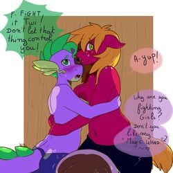 2014 anthro anthrofied barb_(mlp) big_breasts big_macareina_(mlp) big_macintosh_(mlp) blonde_hair blush breasts clothing dialog dragon english_text equine female friendship_is_magic fur geeflakes green_eyes hair horse imminent_rape male mammal my_little_pony nipples open_mouth penis pony purple_scales red_fur rule_63 smooth_skin spike_(mlp) text topless topless_female