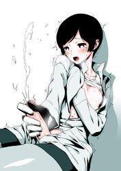 1boy black_hair cum femboy fetishist gloves highres male male_only masturbation open_clothes open_jacket penis shinatose_izana sidonia_no_kishi solo tears