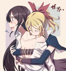 2girls ayase_eli biting black_hair blonde_hair blood blush breast_grab female female_only groping human long_hair love_live! love_live!_school_idol_project multiple_females open_mouth shokushu_ura source_request toujou_nozomi vampire yuri