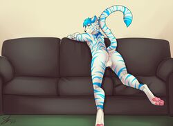 1boy anthro anus ass balls feline fur furry looking_at_viewer looking_back male male_only mammal nude pawpads paws raised_tail shariea sofa solo storm-tiger tiger white_tiger