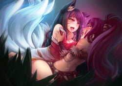 2girls ahri animal_ears bare_shoulders black_hair blush breasts detached_sleeves facial_mark female fox_ears fox_tail kerasu large_breasts league_of_legends long_hair multi_tail multiple_girls multiple_tails nidalee open_mouth ponytail ricegnat saliva saliva_trail smile strapless strapless_dress strapless_top strapless_topwear tail tied_hair tubetop whisker_markings yellow_eyes yuri