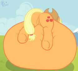 2014 anus applejack_(mlp) ass belly_expansion blyzzarde cowboy_hat cutie_mark equine female friendship_is_magic fur hat horse inflation mammal my_little_pony orange_fur pony pussy smooth_skin solo