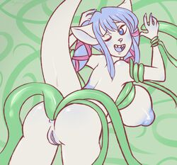 anal anal_sex angela_d. anthro anus big_breasts blue_eyes blue_hair blue_skin bound breasts feline female fur furry hair mammal open_mouth penetration pussy standing teeth tentacle tied_hair twintails