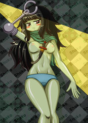 1girls adventure_time between_breasts black_hair blue_panties breasts brown_eyes character_name checkered checkered_background female frown green_skin holster knife long_hair looking_away mechanical_arm navel nipples panties prosthetic_arm scarf shoko_(adventure_time) solo strap_between_breasts topless underwear weapon yb