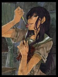 blood classroom cutting desk female gakkou_de_atta_kowai_hanashi guro iwashita_akemi looking_at_viewer school_uniform self-mutilation serafuku solo tanutanupatty tongue tongue_out