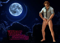 a_telltale_games beard bigby_wolf brown_hair canine claws clothed clothing dark fables facial_hair game hair hairy half-dressed male_only mammal moon necktie penis shirt the_wolf_among_us wolf yellow_eyes