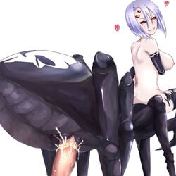 1boy arachne arachnid_humanoid arachnid_taur artist_request back breasts drider female lavender_hair looking_back monster_girl monster_musume_no_iru_nichijou multi_eye multi_leg multi_limb nipples pov rachnera_arachnera red_eyes sex short_hair simple_background smile spider_girl