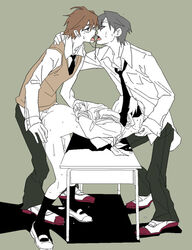 1girls 2boys artist_request bisexual blindfold bound breasts brown_eyes brown_hair character_request cmnf copyright_request couple_rapist desk female gay grey_hair jumper mary_janes oral partially_colored rape rope school_uniform sex shirt shirt_lift shoes simple_background spitroast sweat threesome tie tied trousers uniform uwabaki white_shirt white_shoes yaoi