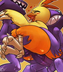 atryl avian balls closed_eyes combusken female male nintendo open_mouth penetration penis plain_background pokemon pussy sableye sex straight vaginal_penetration video_games