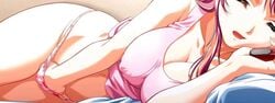 breasts cellphone cleavage close-up closed_eyes erect_nipples face female hand_in_panties houya_yukitoshi large_breasts long_hair masturbation panties phone red_hair reversible solo underwear yoshimori_misaki