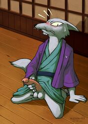 1boy 2014 aledonrex anthro balls canine clothed clothing erection footwear fur half-dressed heart japanese_clothing kimono looking_at_viewer male male_only mammal masturbation penis sandals sitting solo sweat teeth wolf