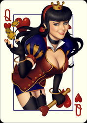 1girls black_gloves black_hair black_suspenders black_thighhighs blue_eyes blue_skirt bodice bracelet choker cleavage corset crown earrings elbow_gloves female female_only fingerless_gloves fully_clothed gloves headband hearts latex lipstick long_gloves long_hair painted_nails papaninja pin-up playing_card poker_chips queen_of_hearts_(playing_card) red_bodice red_corset skirt solo stockings suspenders thighhighs