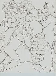 1boy 5girls balls bovine breasts cervine deer equine eris_(marefurryfan) fellatio female freya horse jessica kelaruj licking line_art male mammal marefurryfan mary oral original_character rainstorm saelia tongue