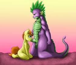 abs anthro anthrofied areola balls bed breasts dragon duo equine erection exelzior-maximus fellatio female friendship_is_magic fur green_penis hair half-closed_eyes horn horse inside interspecies kneeling male mammal my_little_pony nipples nude open_mouth oral orange_hair penis pony pumpkin_cake_(mlp) saliva scalie sex simple_background smile smooth_skin spike_(mlp) straight yellow_fur