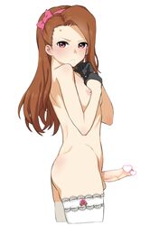 1futa areola ass balls black_gloves blush breasts brown_hair censored erect_nipples erection futa_only futanari gloves hairband heart heart_censor highres hisakawa_riho human idolmaster intersex long_hair looking_at_viewer minase_iori nipples nude penis red_eyes simple_background small_breasts solo thighhighs veins veiny_penis white_background white_legwear