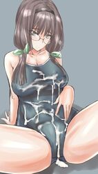 artist_request blush brown_hair bukkake cum cum_on_lower_body cum_on_upper_body glasses green_eyes hair_ribbon hairband looking_at_viewer school_swimsuit selector_infected_wixoss simple_background solo spread_legs swimsuit uemura_hitoe