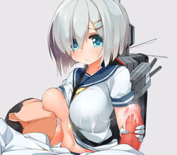 1boy admiral_(kantai_collection) blue_eyes blush breast_sucking breasts censored cum female gloves hair_ornament hair_over_one_eye hairclip hamakaze_(kantai_collection) handjob kaisen_chuui kantai_collection large_breasts looking_at_viewer nipples nursing_handjob penis school_uniform serafuku short_hair silver_hair white_gloves